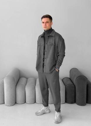 Костюм із замш-котону сорочка + штани люкс якості темно-сірий графіт2 фото
