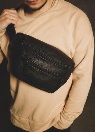 Мужская сумка на пояс из натуральной кожи, черная, кожаная поясная сумка, бананка.1 фото