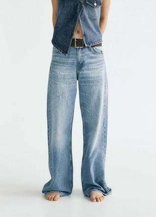 Джинсы голубые синие новые zara свободной посадкой кроя mid-rise troose fit jeans blue zara1 фото