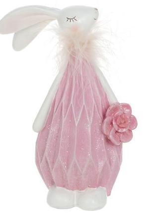 Декоративна статуетка зайчик з квіткою, 18см, колір - рожевий ...