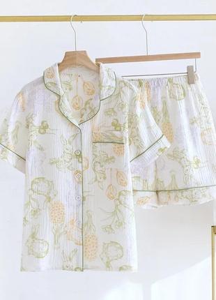 Летняя пижама, комплект шорты и рубашка для сна и дома, муслиновая пижама, пижама с муслина