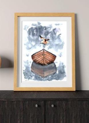 Акварельная иллюстрация лодки с альботросом2 фото