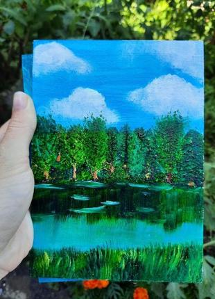 Открытка масляными красками "лесное озеро"
