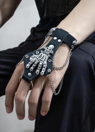 Браслет kunjoe из искусственной кожи в стиле стимпанк готичный с черепом на палец готический браслет на цепочке рок хэллоуин