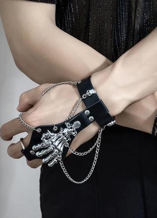 Браслет kunjoe зі штучної шкіри в стилі стимпанк готичний з черепом на палець готичний браслет на ланцюжку рок хелловін2 фото