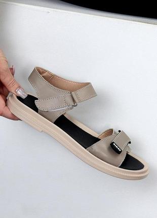 Беж мокко качественные натуральные кожаные босоножки сандалии на липучках 35.5-399 фото