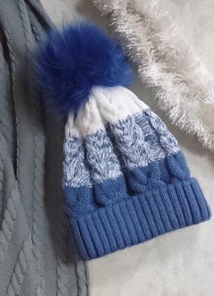 Зимова тепла шапка на флісі з натуральним помпоном2 фото