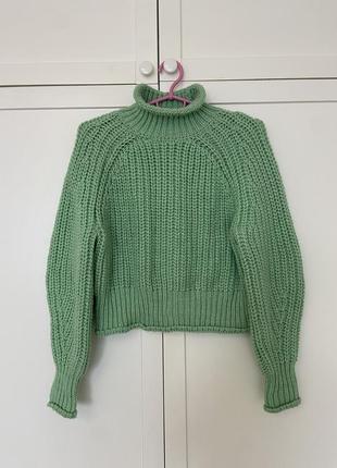 Вязаный теплый свитер ейчендем, свитерок крупная вязка, с горловиной, водолазка, джемпер укороченый, свободный крой1 фото