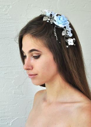 Прикраса для зачіски з блакитними квітами5 фото