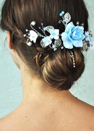 Прикраса для зачіски з блакитними квітами3 фото
