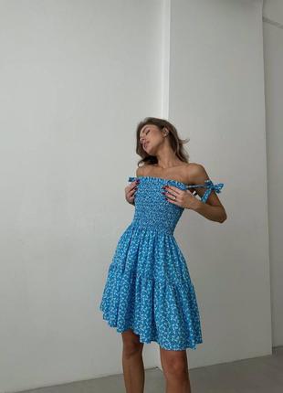 Голубое женское платье сарафан мини в цветочный принт женское короткое платье в цветы свободного кроя2 фото