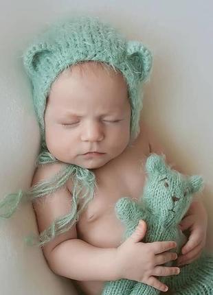 Комплект шапочка с ушками, штанишки и мишка для фотосессии новорожденных1 фото