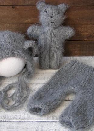 Комплект шапочка с ушками, штанишки и мишка для фотосессии новорожденных6 фото