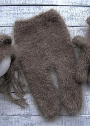 Комплект шапочка с ушками, штанишки и мишка для фотосессии новорожденных5 фото