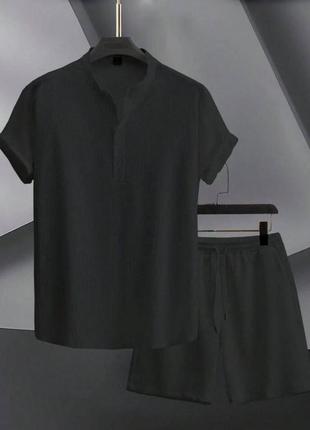 Черный мужской летний костюм шорты рубашка мужской прогулочный повседневный летний костюм с шортами3 фото