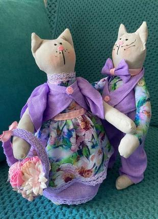 Інтер'єрні текстильні весільні іграшки котики тільда "лавандовий подих"