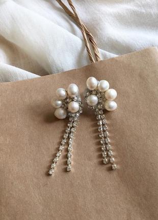 Сережки с жемчугом, стразовые серьги, серьги гвоздики, сережки для невесты, сережки з перлинами3 фото