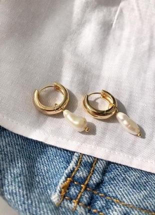 Сережки кільця з бароковим перлами, золоті сережки, каблучки, сережки з натуральними перлами2 фото