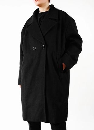 Двобортне чорне пальто міді1 фото