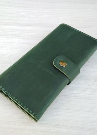 Зеленый кожаный длинный большой кошелек портмоне холдер