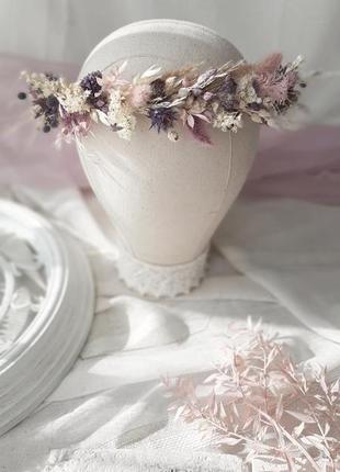 Венок в нежных розовых тонах свадебный осенний с сухоцветами6 фото
