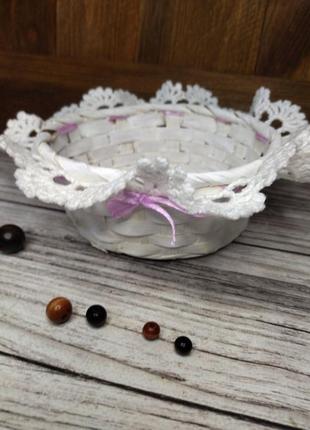 Плетеная конфетница с вязаным кружевом, корзинка-органайзер1 фото