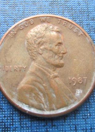 Монета 1 цент сша 1987 d