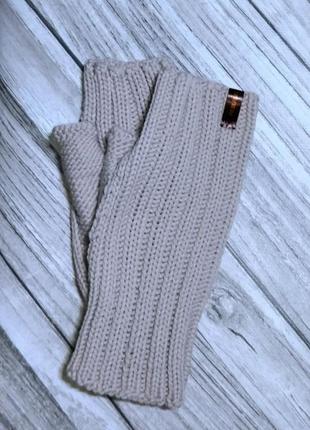 Бежеві жіночі рукавички - в'язані мітенки з вовни меринос - рукавички без пальців6 фото