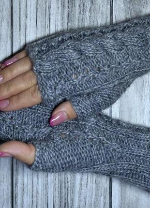 Женские шерстяные митенки  с открытыми пальцами (серые)- зимние рукавички оригинальный под1 фото