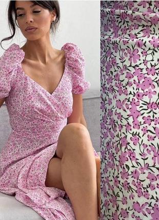 Легкое розовое платье миди 💕 женское платье миди с разрезом в цветочный принт 💕 летнее платье