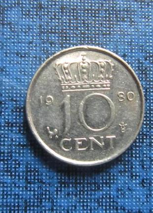 Монета 10 центів нідерланди 1980