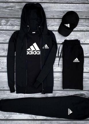 Чоловічий комплект adidas чорна кофта, штани, шорти, футболка та кепка