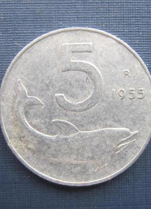 Монета 5 лір італія 1955 фауна дельфін