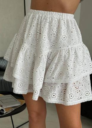 Юбка мини прошва с рюшками юбка белая с цветками короткая пышная клеш трендовая стильная3 фото