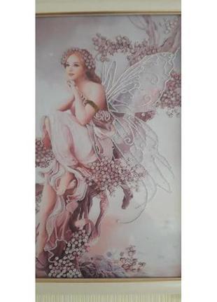 «фея цветов» - картина бисером на шелке с добавлением страз3 фото