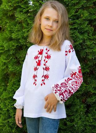 Вышиванка для девочек детская, белая льняная блуза