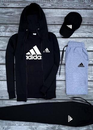 Чоловічий комплект adidas чорна кофта штани шорти футболка та кепка