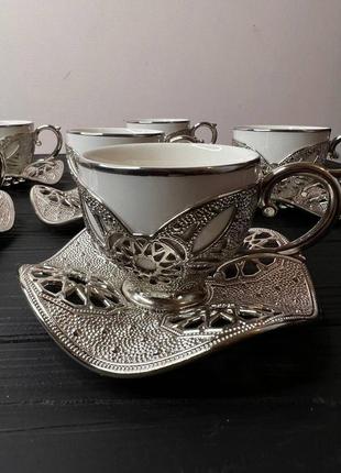 Набір турецьких чашок для кави та чаю 6 шт срібло (чашки білі)2 фото