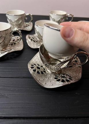 Набір турецьких чашок для кави та чаю 6 шт срібло (чашки білі)3 фото