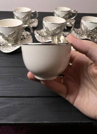 Набір турецьких чашок для кави та чаю 6 шт срібло (чашки білі)4 фото
