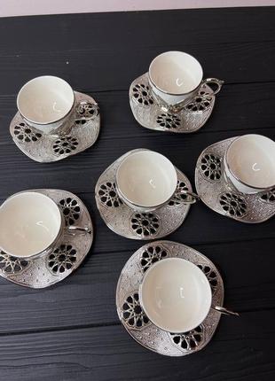 Набір турецьких чашок для кави та чаю 6 шт срібло (чашки білі)5 фото