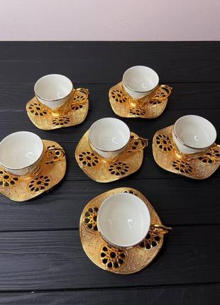 Набір турецьких чашок для кави та чаю 6 шт золото (чашки білі)
