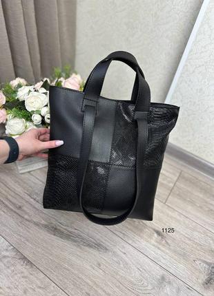 Жіноча стильна та якісна сумка шоппер з еко шкіри чорна рептилія5 фото