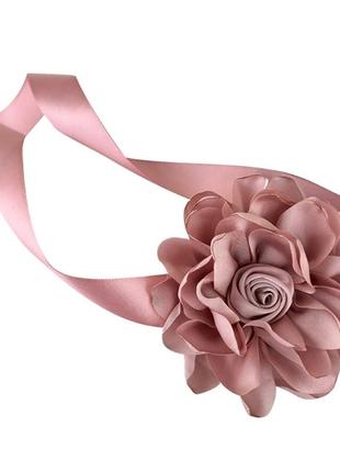 Колье цветок розовая роза атласная лента на шею чокер шнурок2 фото