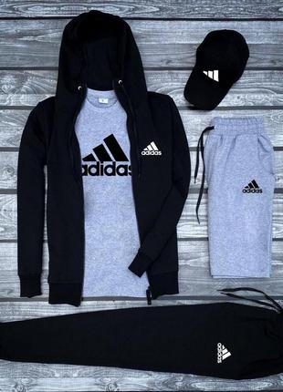 Мужской комплект adidas черная кофта штаны шорты футболка и кепка1 фото