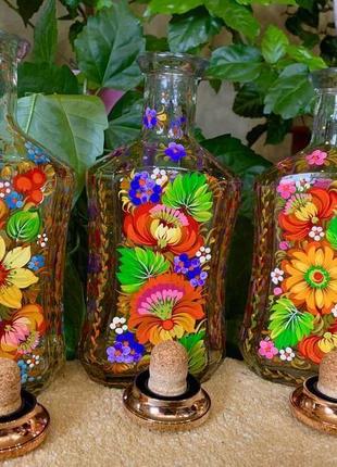 Комплект бутылок для алкоголя петриковская роспись5 фото