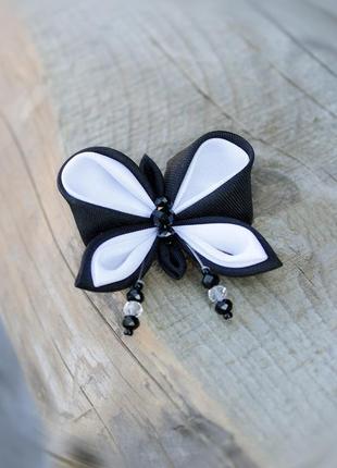 Черно-белая брошь бабочка, канзаши, оригинальный подарок2 фото