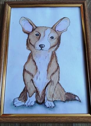 Картина акварель - собака пісочного кольору1 фото