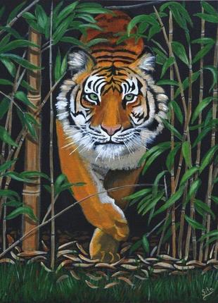 Тигр на охоте.  живопись акрилом 40х50 см.1 фото