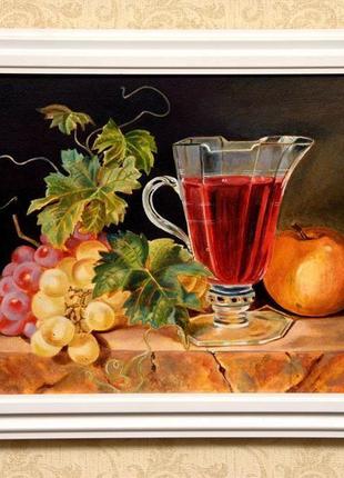 Натюрморт з фруктами і виноградним вином у скляному бокалі. картина маслом на полотні, 40х30 см5 фото